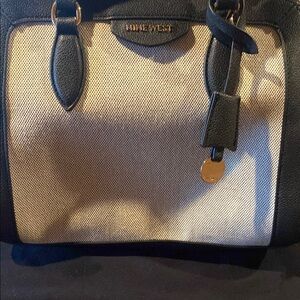 Nine West Black and Cream Satchel with Structured Shape and Textured Fabric